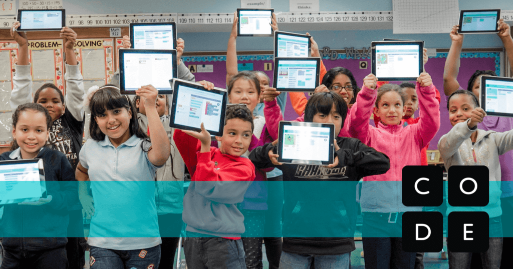 Code.org Logo with a group of children holding tablets in the background