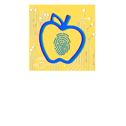 Identity Inclusion for K-12 CS Educators course logo: apple outline with fingerprint and circuitry lines in background