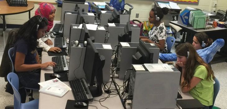 Middle School CS Students at the computer lab - all of them are girls