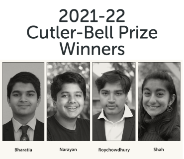 Black and white photo of the prize winners. Text reads: 2021-22 Cutler-Bell Prize Winners. From left to right: Bharatia, Narayan, Roychowdhury and Shah.